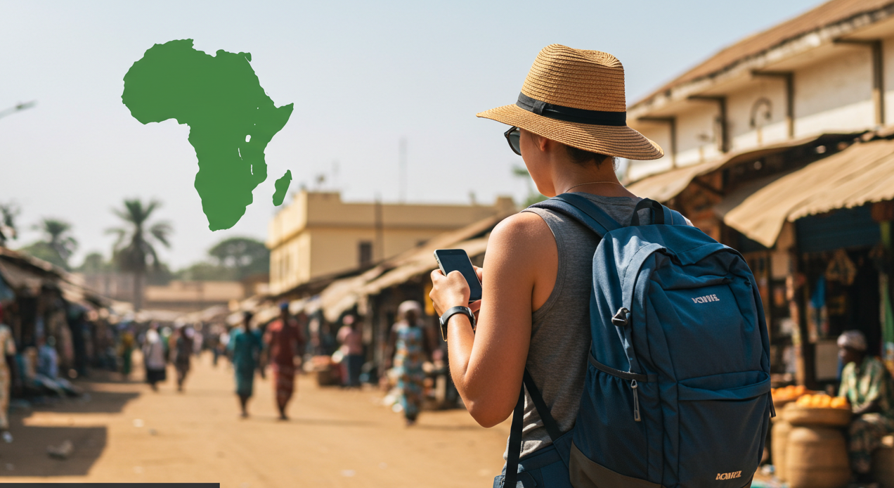 A traveler in an African city checking their phone for safety updates and navigation, ensuring a secure and prepared journey.